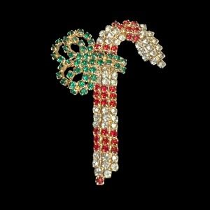 Sparkling Rhinestone Candy Cane Brooch Christmas Holiday Bow Pin 2.5 in